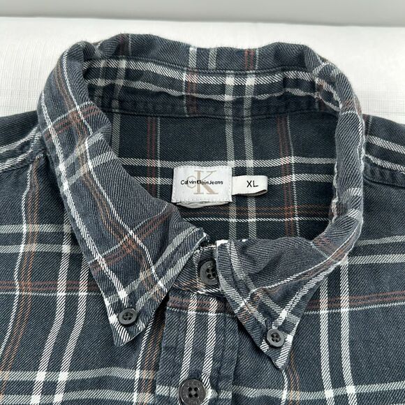 Calvin Klein Jeans Shirt Mens Extra Large Plaid Button Down Distressed 90s Y2K - Picture 7 of 9